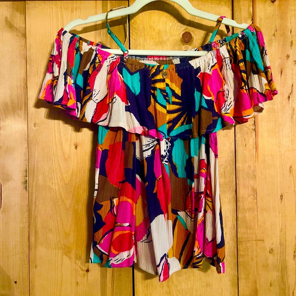 Billabong Ruffled Off-Shoulder Blouse in Pink and Blue